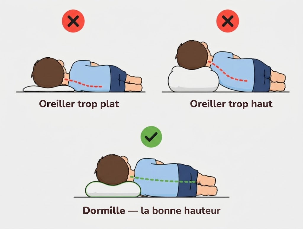 Trois dessins d'un enfant couché sur le côté : avec un oreiller trop plat puis trop haut, sa tête et son dos ne sont pas alignés ; avec l'oreiller Dormille à la bonne hauteur, ils forment une ligne droite.